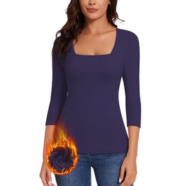 WOWENY Thermal Shirts for Women Square Neck Fleece Lined 3/4 Sleeve Tops Base Layer Soft Warm Underwear Cold Weather Blue XXL