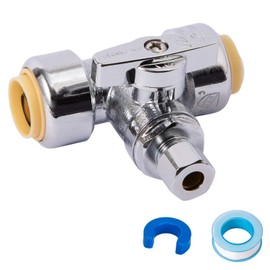 SUNGATOR Service Tee Stop Valve, 1/2" Ptc x 1/2" Ptc x 1/4" Compression, 1/4 Turn Push Fit Water Valve Shut Off Fitting with Disconnect Clip & Tape, Push-to-Connect, PEX, Copper, CPVC, No Lead Brass