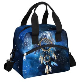 FengQuGou Blue Galaxy Watercolor Dream Catcher Insulated Lunch Bags for Women Men Adult Reusable Lunch Tote Therma Cooler Bag with Shoulder Strap Lunch Box for School Work Office Picnic Meal Prep Bag