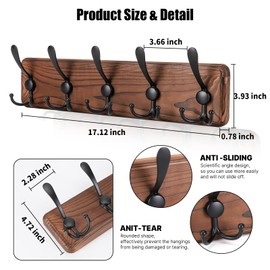 Gohiuo Rustic Wall Mount Coat Rack, Coat Hooks Wall Mount Wood Coat Rack with 5 Triple Hooks, Heavy Duty Wooden Wall Mounted Coat Hanger for Entryway, Farmhouse Hanging Coats, Hats, Bags,Towels