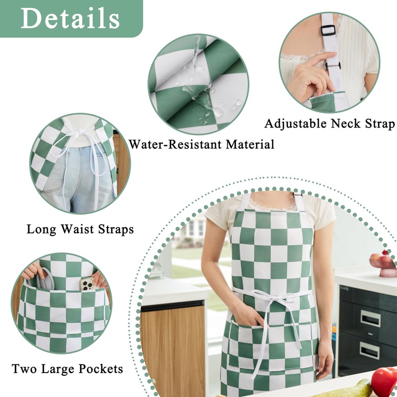 Ohocut 2 Pack Checkered Kitchen Apron, Sage Green Checkerboard Aprons