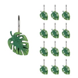 Tropical Leaf Decorative Shower Curtain Hooks Green Botanical Shower Curtain Rings, Resin, Monstera Deliciosa Leaves Shower Curtain Hangers for Bathroom, Set of 12