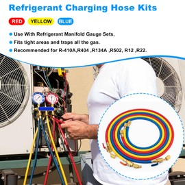 29986 Plus II 1/4" Refrigeration Hoses with Ball Valves Replacement Hvac Low loss Hose R410A, 72in Length - 3 Pack (Blue Yellow Red)