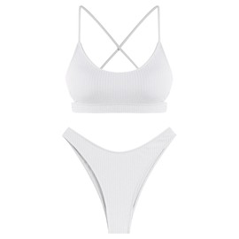 ZAFUL Women's Cutout Bikini Sets Scoop Neck Back Criss Cross Tie Ribbed High Cut Bikini Swimsuit Two Piece Bathing Suits (1-White, S)