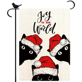 PIPISASA Black Cat Christmas Flag for Outside Joy to the World Winter Christmas Cat Burlap Garden Flag 12x18 Double Sided Xmas Outdoor Holiday Porch Flags Seasonal Decor Outside Decorations for Yard