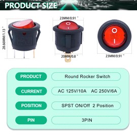 Twidec/6Pcs AC 6A 125V 10A 250V SPST 3 Pins 2 Position ON/Off Red and Green LED Light Illuminated Round Boat Rocker Switch Toggle（Quality Assurance for 1 Years）KCD1-5-101NRG