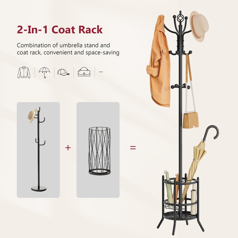 Tajsoon Coat Rack Stand with Umbrella Holder, Coat Tree Freestanding