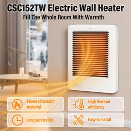 CSC152TW Electric Wall Heater Complete Unit With Thermostat, 240 Volt 1500 Watt, High Efficiency Centrifugal Fan For Fast And Quiet Heating