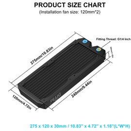 DIYhz Water Cooling Computer Radiator, 12 Pipe Thick Copper Heat Exchanger Liquid Cooling Radiator G1/4 Thread Heat Row Sink 240mm for CPU PC Laser Water Cool System DC12V Black