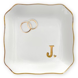 OASSIE Birthday Gifts for Women - 4"x4" Initials Ceramic Jewelry Dish Tray Letter J - Engagement Wedding Bridal Shower Gifts for Bride, Bridesmaid Gift, Birthday Gift for Her Teacher Friend