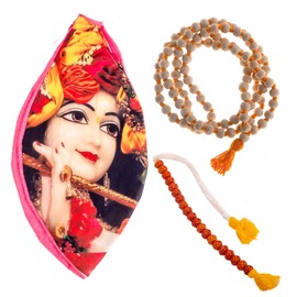 Set of Tulsi Holy Jap Mala Beads Counter Mala Japa Mala Bag Gomukhi Jholi Prayer Chanting or Storing Bag Combo of 3 Pooja Items for Daily Mantra Jaap Meditation and Gifting (Multicolour Jpml Set)