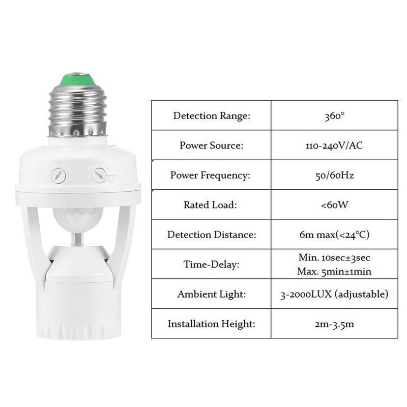 LED E27 Motion Sensor Socket AC10-240V 60W Max 1 Piece