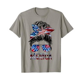 Merica 4th Of July Messy Bun American Flag Tie Dye Womens T-Shirt