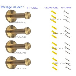 NELXULAS Golden Brushed Stainless Steel Single Heavy Duty Wall Mount Hook, Bath Towel Hooks, Robe Hooks, Coat Hanger, 4 PCS (4 inch)