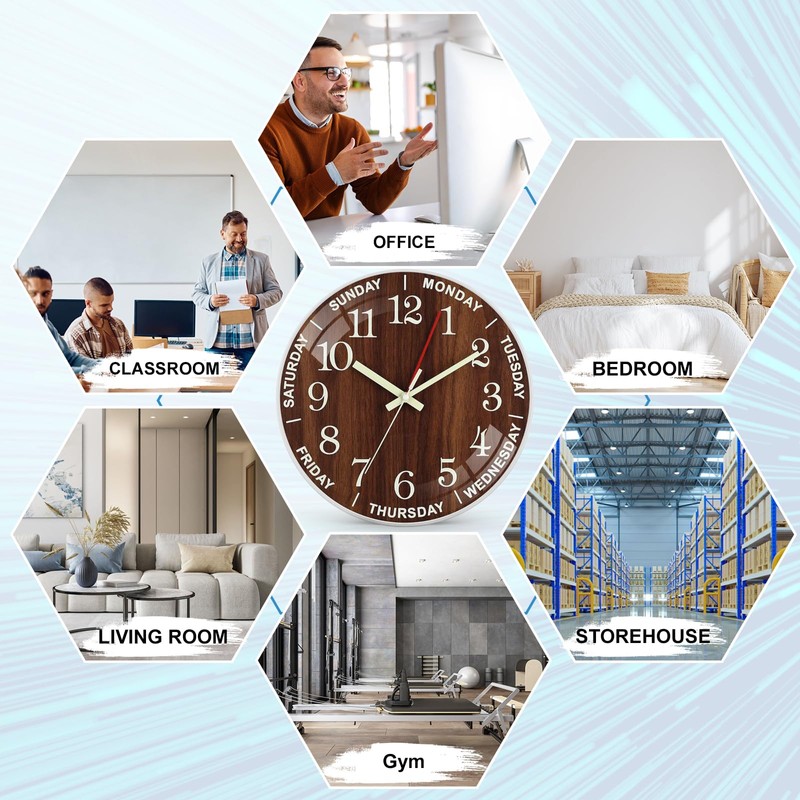 QINFIEY 12 Inch Day of Week Wall Clock, Non Ticking