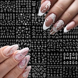 30 Sheets Silvery Nail Art Stickers 3D Self-Adhesive Silvery Rose Lace Hollow Nail Decals Retro Nail Stickers Adhesive Nail Supplies Nail Art Design for DIY Acrylic Nails Decoration for Women