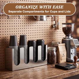 Sawysine Stainless Steel Coffee Cup and Lid Organizer Holder 4 Compartment Cup Dispenser Rack for Cafe Countertop, Office, Restaurant and Kitchen, Silver