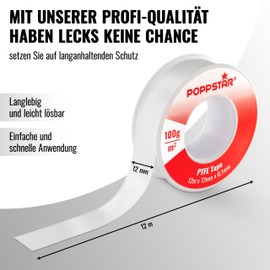 POPPSTAR PTFE Thread Sealing Tape 100 g/m² Teflon Sealing Tape GRp for Coarse Thread (Gas, Water & Steam Sealing) 12 m x 12 mm x 0.1 mm