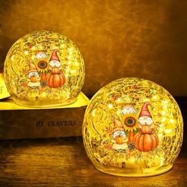FRAMICS 2 PCS Fall Decorations for Home 4" Gnome Pumpkin Crackle Glass Balls Led Globe Light with Timer Thanksgiving Decorations Lighted Fall Decor Thanksgiving Centerpieces for Tables Gift