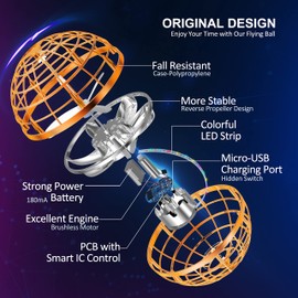 LEMATRIX 2023 Flying Orb Ball Toy, Hover Ball Boomerang Fly Fidget Spinner, Cool Toys Gifts for 6 7 8 9 10 11 12+ Years Old boy Girls Teens, Hand Mini Drone Cosmic Globe, Indoor Outdoor Toys(Orange)