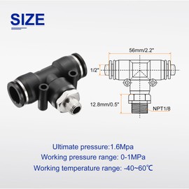 sourcing map 5pcs Pneumatic Male Branch Tee 1/2" Tube OD x 1/8" NPT Thread Quick Push to Connect Brass Air Line Hose Fittings for Industry Air System PT1/2-N01, Black