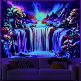 Ameyahud Blacklight Waterfall Tapestry Fantasy Landscape Tapestry UV Reactive Forest Tapestry Colorful Plant Tapestry Wonderland Mountain Tapestry Wall Hanging Decor for Home