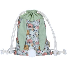 Papierdrachen Rabbit Backpack Flowers & Green - Cotton / Canvas Gym Bag with Long Rabbit Ears - Gift for Easter - Shoulder Bag for Girls and Boys, Backpack Green