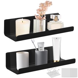 Rierousy Set of 2 Wall Shelves, Black, Acrylic Floating Shelf, Wall Without Drilling, Floating Shelf, Easy to Expand the Wall Space for Office, Bathroom, Kitchen, Bedroom Wall Shelf, Bathroom, Kitchen