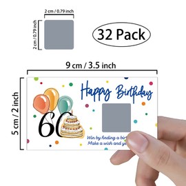 REWIDPARTY Colorful 60th Birthday Party Game Scratch Off Cards（32 PCS） Cheers to 60 Years Party Games Supplies Happy 60th Birthday Party Scratch Cards Funny Activity Holiday for Groups Raffle Tickets