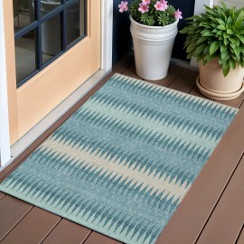 Homeroots 3' X 5' Teal Blue Aqua And Ivory Striped Washable Indoor Outdoor Area Rug