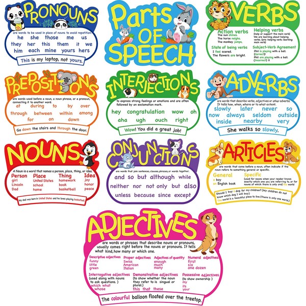 10 Pieces Parts of Speech Poster Grammar Poster Educational Grammar Cutouts Bulletin Board Set Classroom Must Haves for Teachers Elementary Homeschool Essentials, 16.5 x 11.5 Inches