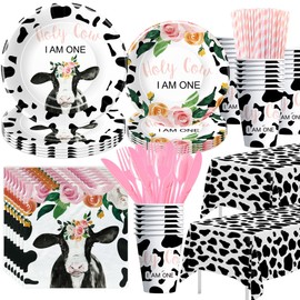 APOWBLS Holy Cow I'm One Birthday Decorations Girl Tableware, Cow Print First Birthday Party Supplies, Plate, Cup, Napkin, Tablecloth, Cutlery, Straw, Cow Theme 1st Birthday Decorations | Serve 24