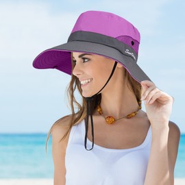 MengH-SHOP Women Sun Hat Wide Brim Outdoor UV Protection Summer Ponytail Hat Foldable Mesh Beach Fisherman's Cap for Gardening Travel Hiking Fishing 56-58CM (Purple)