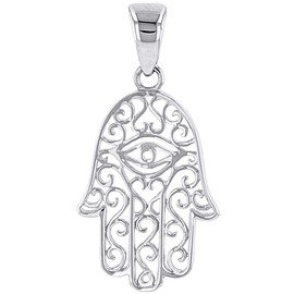 Solid 14K White Gold Filigree Hamsa Hand of Fatima with Evil Eye Charm Pendant