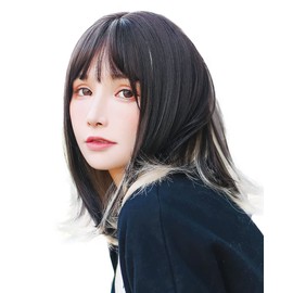 TefuRe HA-6131-BkPk Inner Color Wig, Bob, Semi-Long, Medium, Inner, Lightly Curled, Small Facial Effect, Inner Color Midi, Wig Net Included, Black/Pink