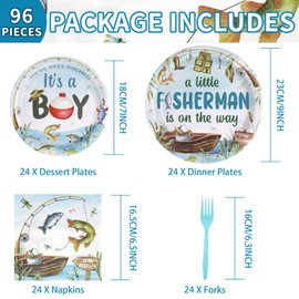 96 Pcs Fishing Baby Shower Party Decorations for Boy Gone Fishing Party Plates and Napkins A Little Fisherman is on The Way Party Decorations for Boys O Fishally 1st Birthday Party Favors Serves 24