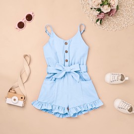 KAFIREN 2T Girl Clothes Baby Adjusatble Strap Sleeveless One-Piece Toddler Romper Ruffle Summer Pocket Jumpsuit Blue 1-2 Years old
