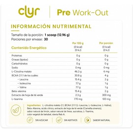 CLYR Pre-Workout ZERO, Aproximadamente 30 Porciones, Sabor Limonada de Fresa, con Cafeína de Té Verde, L-Teanina, Beta-Alanina у L-Citrulina, Sin Azúcar