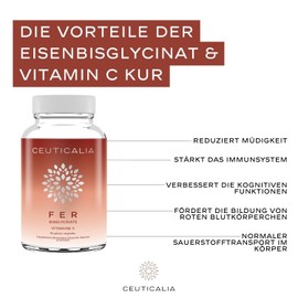Nahrungsergänzungsmittel Eisen Bisglycinat - Energie, Konzentration, Abwehrkräfte - Für Erwachsene - Eisen Bisglycinat, Vitamin C - 90 Kapseln, 90 Tage