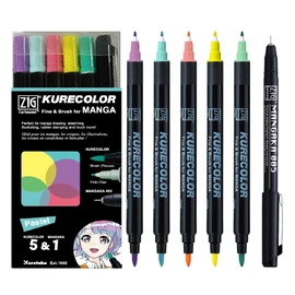 Kuretake Zig Cartoonist Kurecolor Fine & Brush Pastel Set, 5 Colors with MANGAKA Black, Alcohol Based, Double Tip Marker, for Artists, Professionals, Made in Japan