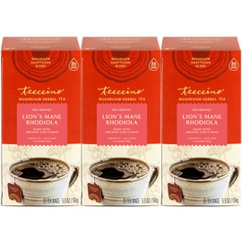 Teeccino Lion’s Mane Rhodiola Tea - Rose - Caffeine-Free Mushroom Adaptogenic Herbal Tea, 3x More Herbs than Regular Tea Bags, Lightly Sweet from Dates & Figs, Chicory Prebiotic - 25 Tea Bags (Pack of 3)
