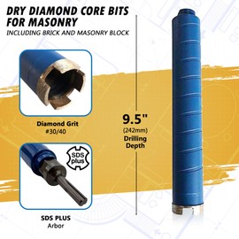 2" Diamond Dry Core Bit for Brick and Block with SDS Plus Adapter and Pilot Collar, 9.5" Drilling Depth