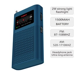 Portable Pocket AM FM Transistor Radio Powerful Flashlight Powered by 1500mah Battery (Included),Ultra-Long Antenna Best Reception Best Sound Quality(Navy Blue)