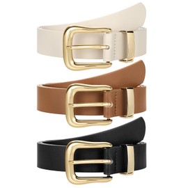 LEACOOLKEY 3 Pack Women's Fashion Belts for Jeans Pants Ladies Casual Leather Waist Belts with Gold Buckle