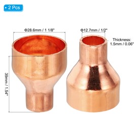 PATIKIL 1 1/8" to 1/2" ID Copper Reducer, 2pcs 99.9% Pure Copper Reducing Coupling Pressure Fitting Pipe Tube Connector Adapter with Sweat Solder Connection for HVAC Refrigeration System