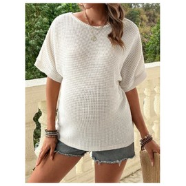 MakeMeChic Women's Maternity Summer Clothes Floral Half Sleeve Crew Neck Backless Boho Pregnancy Knit Tops Apricot Small