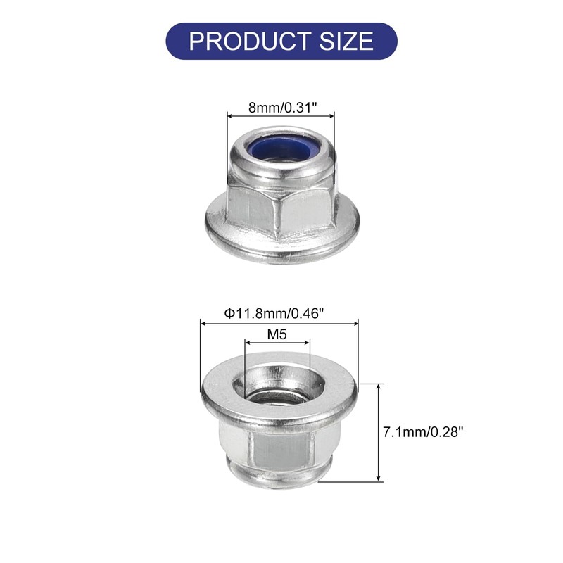 TA-VIGOR 100Pcs M5 x 0.8mm Flange Lock Nuts, Stainless Steel