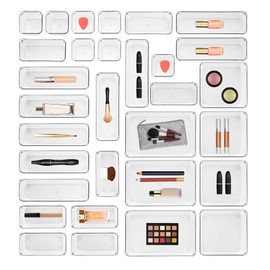 Ravinte 31 PCS Drawer Organizer Plastic Storage Bins, 5 - Size Kitchen Drawer Organizer with Non-Slip Pads Clear Desk Storage Tray for Makeup, Jewelries, Kitchen Utensils and Office