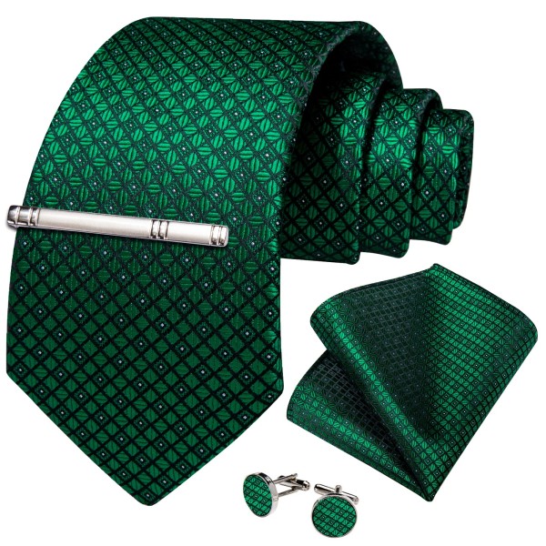 Barry Wang Green Plaids Necktie Mens Tie & Hankie &