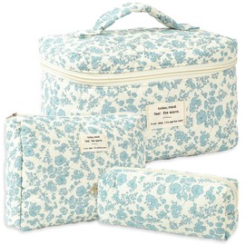 3 Pack Quilted Cotton Makeup Bag Puffy Cosmetic Pencil Pouch Large Capacity Flap Handheld Travel Cosmetic Bag Cute Coquette Floral Make Up Bag Organizer Aesthetic Toiletry Bag (3PCS-Blue-Flowers)